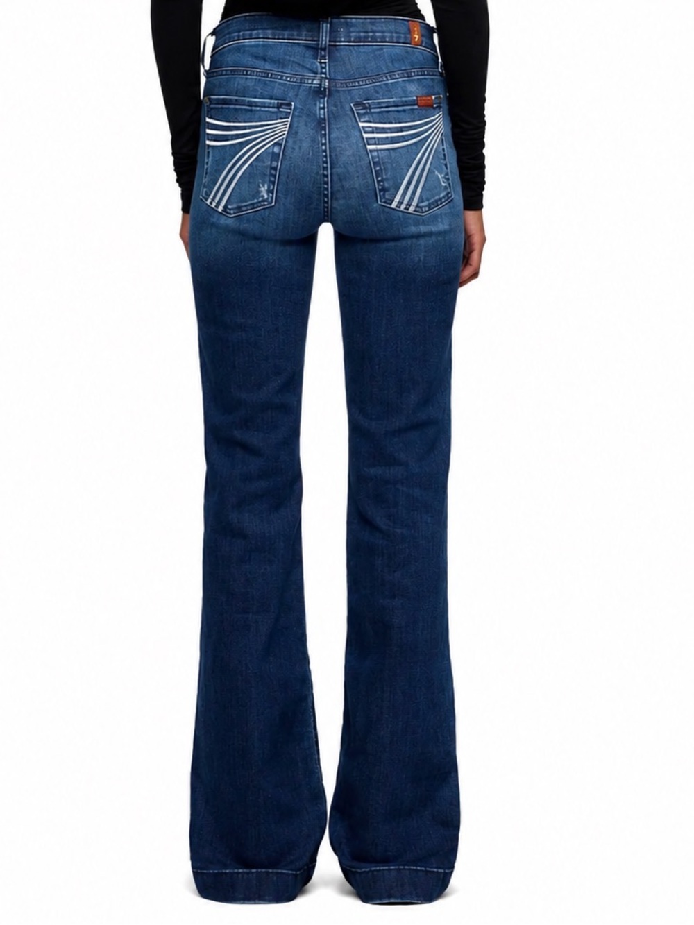 7 For All Mankind Dojo Midrise Flare Distressed Embroidered Jeans Lake Blue 32